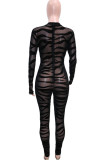Black Fashion Sexy Patchwork See-through O Neck Skinny Jumpsuits