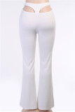 White Fashion Casual Solid Hollowed Out Regular High Waist Trousers