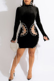 Black Fashion Sexy Bandage Hollowed Out Half A Turtleneck Long Sleeve Dresses