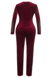 Purplish Red Fashion Casual Patchwork Hot Drill V Neck Plus Size Jumpsuits
