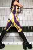 Multicolor Sexy Print Hollowed Out V Neck Skinny Jumpsuits