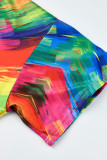 Rainbow Color Fashion Casual Plus Size Print Basic V Neck Short Sleeve Dress