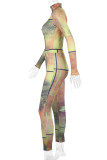 Colour Sexy Print Patchwork See-through Half A Turtleneck Long Sleeve Two Pieces