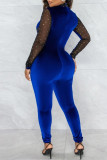 Blue Fashion Sexy Patchwork Sequins See-through Half A Turtleneck Skinny Jumpsuits