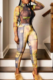 Colour Sexy Print Patchwork See-through Half A Turtleneck Long Sleeve Two Pieces