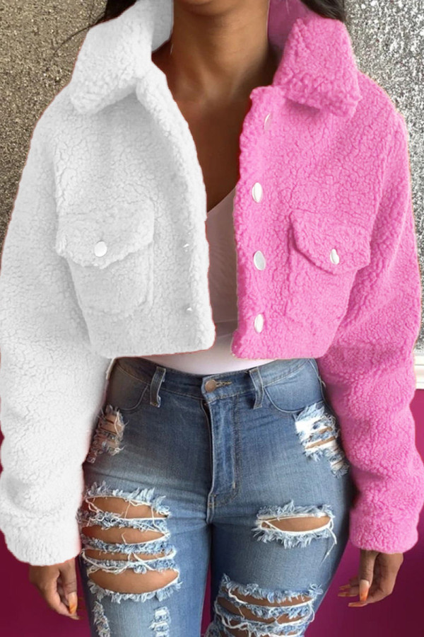 White Pink Fashion Casual Solid Patchwork Cardigan Turndown Collar Outerwear