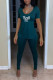 Peacock Blue Casual Print Patchwork Slit U Neck Short Sleeve Two Pieces