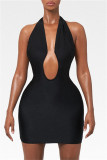 Black Fashion Sexy Solid Backless Halter Sleeveless Dress