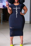 Light Blue Casual Print Ripped Split Joint O Neck Straight Plus Size Dresses