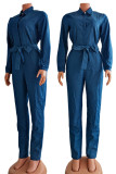 Blue Casual Solid Patchwork Buckle Turndown Collar Long Sleeve Straight Denim Jumpsuits