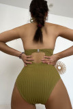 Olive Green Sexy Solid Bandage Hollowed Out Split Joint Backless Swimwears