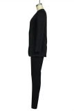 Black Fashion Casual Solid Cardigan Pants Turndown Collar Long Sleeve Two Pieces