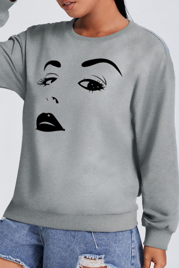 Grey Fashion Casual Print Patchwork O Neck Tops