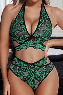 Green Sexy Solid Hollowed Out Split Joint See-through Valentines Day Lingerie