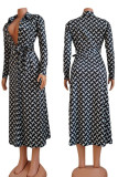 Brown Red Casual Print Bandage Split Joint Buckle Turndown Collar Straight Dresses
