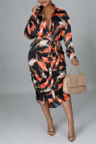 Orange Fashion Casual Print Basic Turndown Collar Shirt Dress