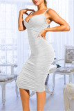 Khaki Fashion Sexy Solid Backless Fold V Neck Sling Dress