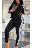 Black Casual Patchwork Print pencil Long Sleeve Two Pieces