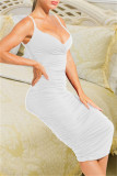 White Fashion Sexy Solid Backless Fold V Neck Sling Dress