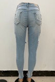 Light Color Street Ripped Make Old Split Joint High Waist Regular Denim Jeans