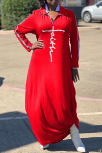 Red Fashion Casual Print Split Joint Zipper Collar Long Sleeve Dresses