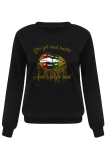 Black Casual Vintage Print Patchwork O Neck Tops
