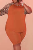 Orange Fashion Casual Print Leopard Patchwork O Neck Plus Size Two Pieces