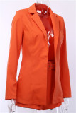 Orange Fashion Casual Solid With Belt Turn-back Collar Long Sleeve Two Pieces