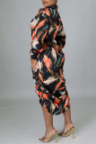 Orange Fashion Casual Print Basic Turndown Collar Shirt Dress