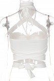 White Sexy Solid Bandage Hollowed Out Patchwork Backless Asymmetrical Halter Tops