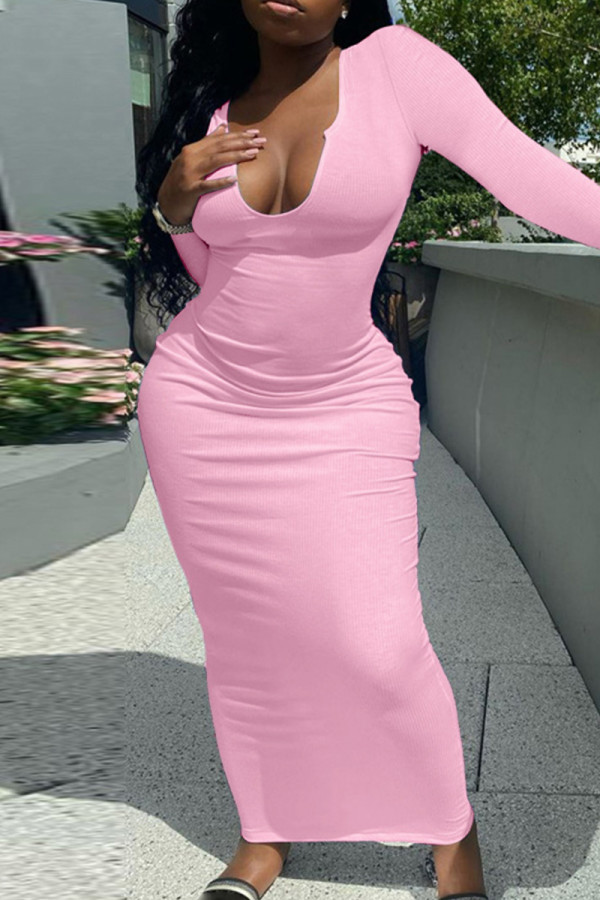 Pink Fashion Casual Solid Basic V Neck Long Sleeve Dresses