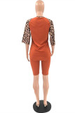 Orange Fashion Casual Print Leopard Patchwork O Neck Plus Size Two Pieces
