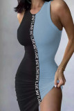 Grey Sexy Street Letter Print Patchwork O Neck Pencil Skirt Dresses