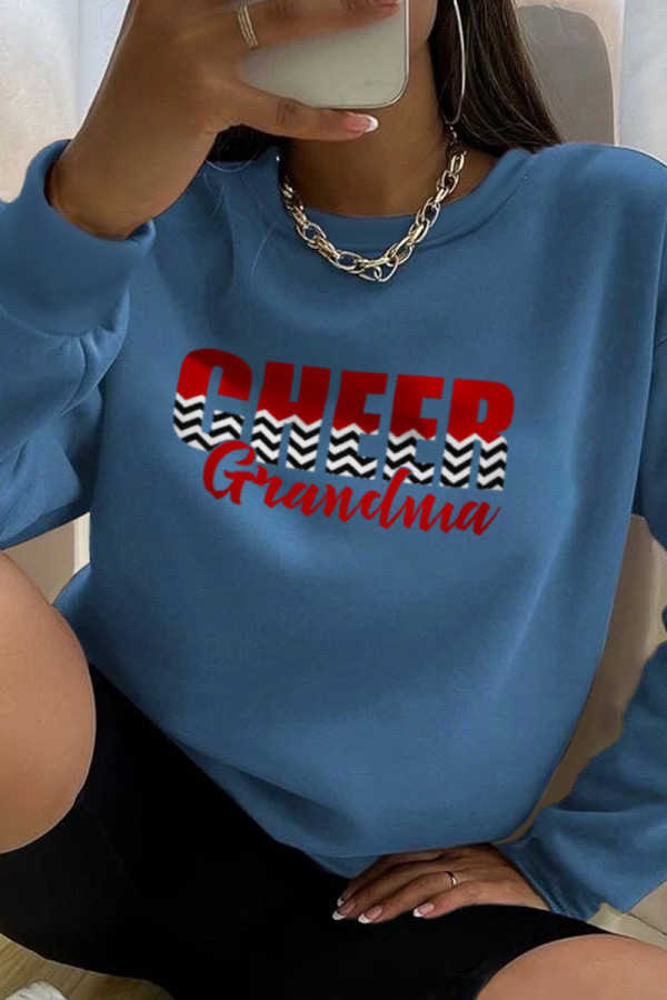 Blue Fashion Street Print Patchwork Letter O Neck Tops
