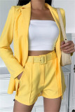 Yellow Fashion Casual Solid With Belt Turn-back Collar Long Sleeve Two Pieces