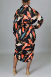 Orange Fashion Casual Print Basic Turndown Collar Shirt Dress