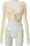 Apricot Fashion Sexy Solid Hollowed Out See-through V Neck Tops