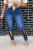 Deep Blue Casual Solid Ripped Plus Size Jeans