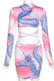 Pink Fashion Sexy Print Backless Cross Straps Turtleneck Long Sleeve Two Pieces