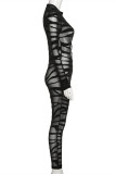 Black Fashion Sexy Patchwork Hollowed Out See-through O Neck Skinny Jumpsuits