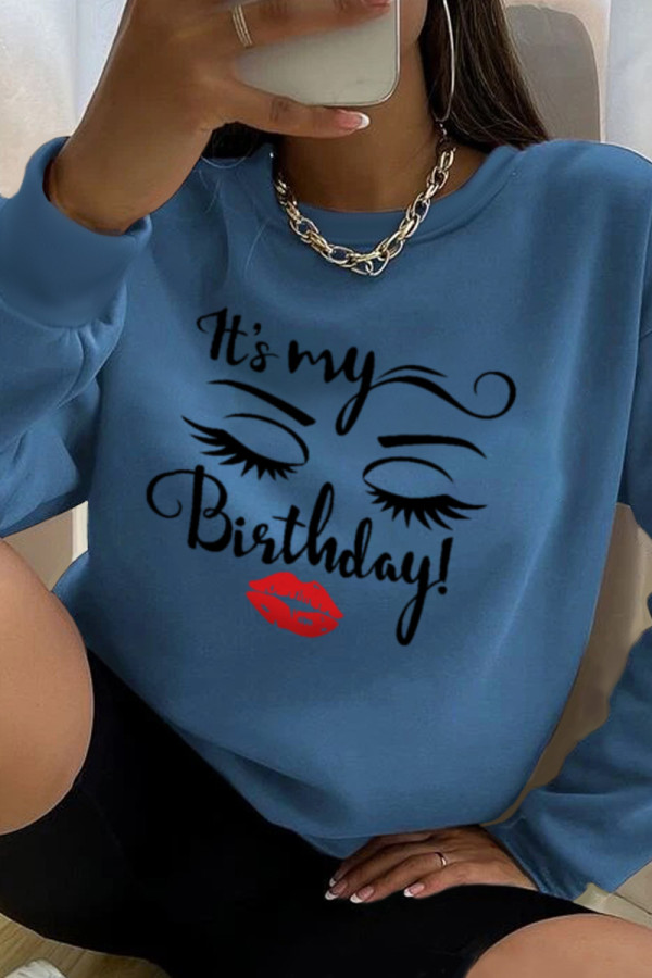 Blue Fashion Sportswear Print Patchwork Letter O Neck Tops