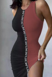Grey Sexy Street Letter Print Patchwork O Neck Pencil Skirt Dresses