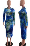 Dark Blue Elegant Print Tie Dye Patchwork O Neck Long Sleeve Dresses