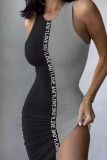 Grey Sexy Street Letter Print Patchwork O Neck Pencil Skirt Dresses