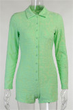 Light Green Fashion Casual Solid Basic Turndown Collar Long Sleeves Skinny Romper