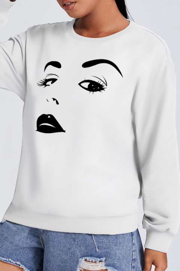 White Fashion Casual Print Patchwork O Neck Tops