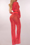 Red Fashion Sexy Solid See-through Hooded Collar Long Sleeve Two Pieces