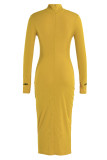 Yellow Casual Solid Embroidered Patchwork Turtleneck One Step Skirt Dresses