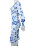 Blue White Fashion Sexy Print Slit V Neck Long Sleeve Dresses