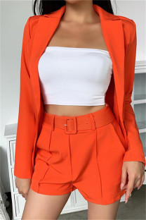 Orange Fashion Casual Solid With Belt Turn-back Collar Long Sleeve Two Pieces